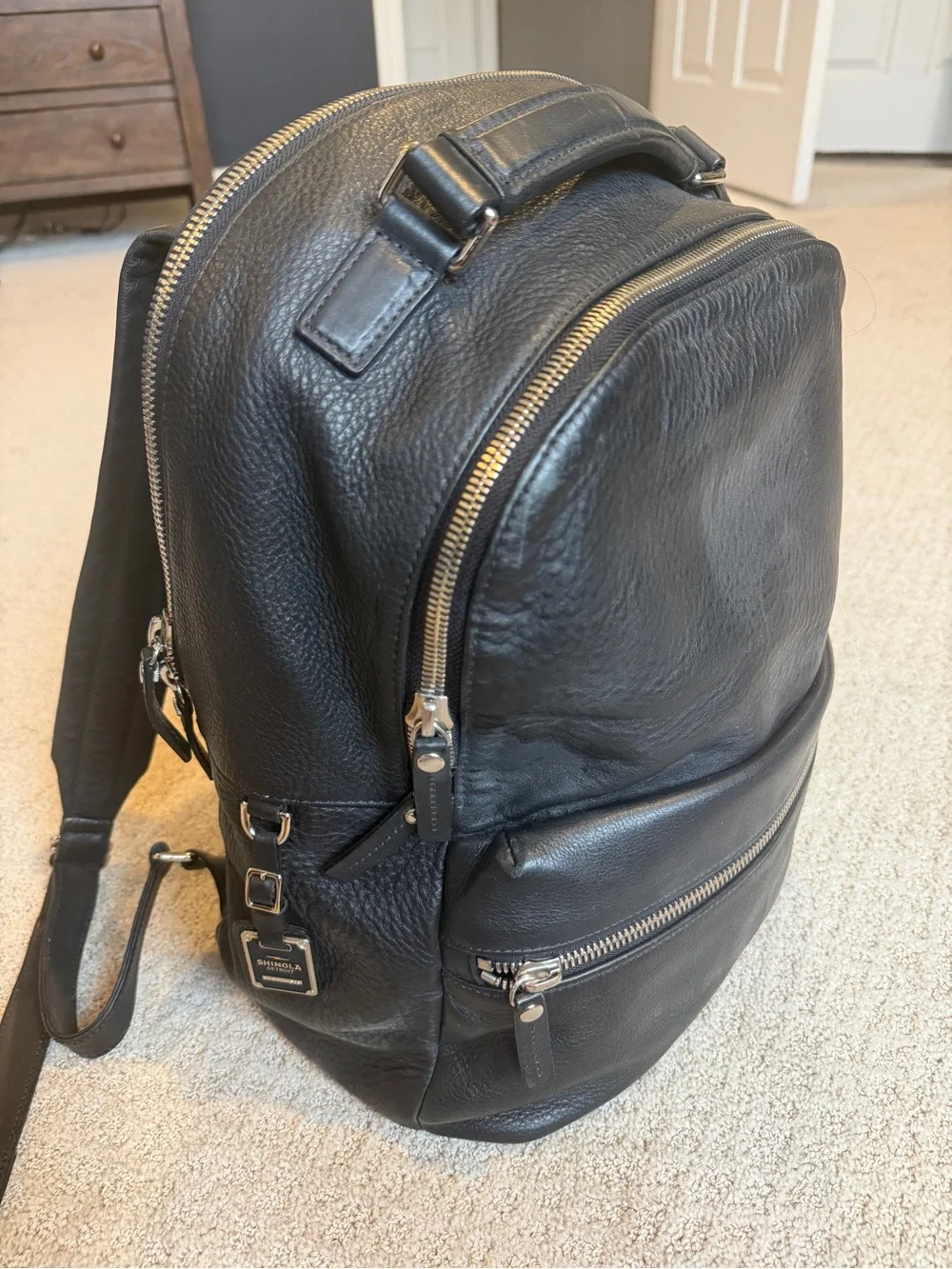 Shinola Black Pebbled Leather Backpack with Silver Hardware